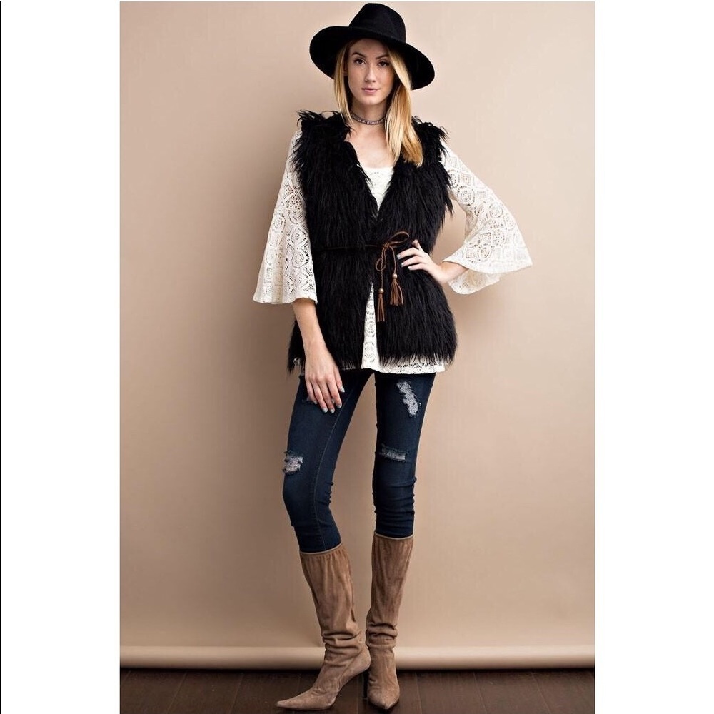 Mix Media Faux Fur & Sweater Knit Vest with Tie Waist Belt